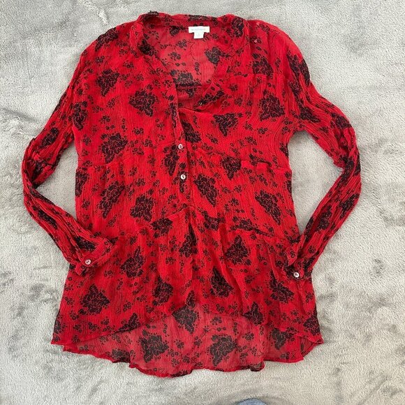 Sundance Tops - Sundance Elodie Red Black Floral Long Sleeve Tiered Blouse Women's SMALL *read*